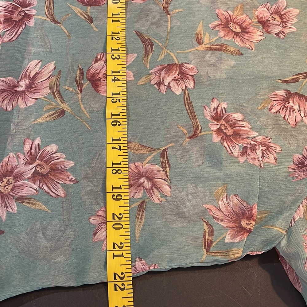 Floral Teal & Pink Sheer top,mock neck, long ruffle sleeve, flowy, XS - Picture 11 of 12